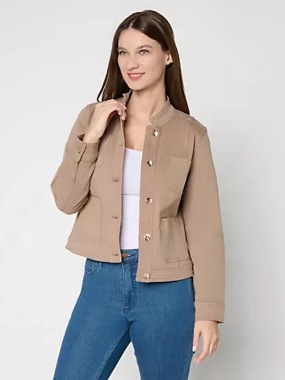 Susan Graver Stretch Denim Jacket with Novelty Buttons, Taupe Sz M a721751